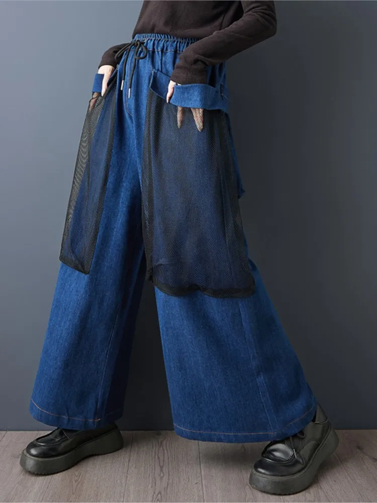 Oversized Autumn Jeans Wide Leg Pants Women Wesh Patchwork High Waist Pants Ladies Trousers Fashion Loose Woman Cargo Pants