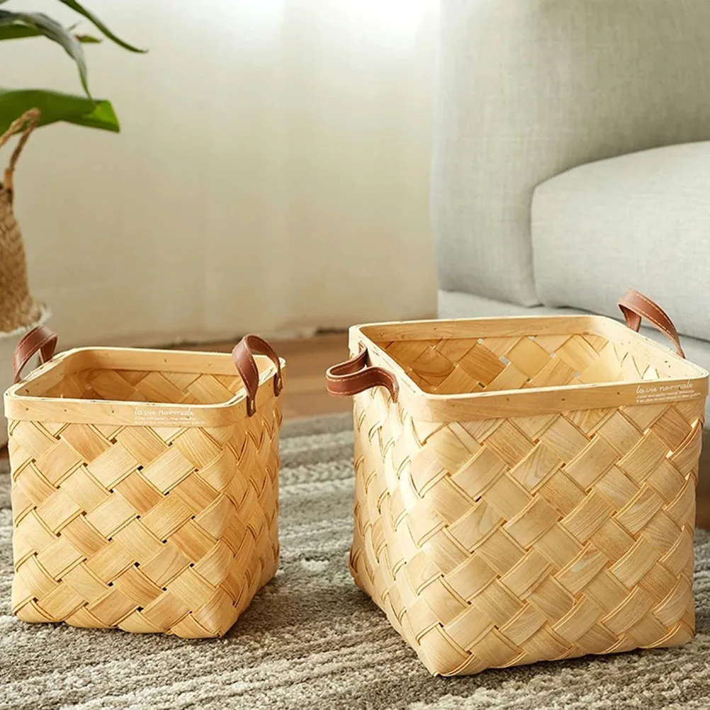 

1pc Wood Chip Storage Basket Hollow Handle Home Decorative Container Garden Weave Laundry Basket Stackable Space Saving Textured