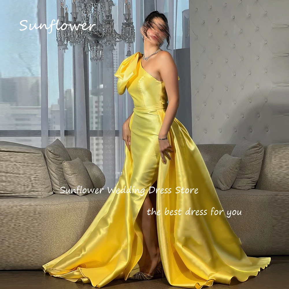 Sunflower Simple Yellow Bow One-Shoulder Satin Prom dress 2024 Slim Backless Floor-Length Evening Dress Mermaid Party Dress