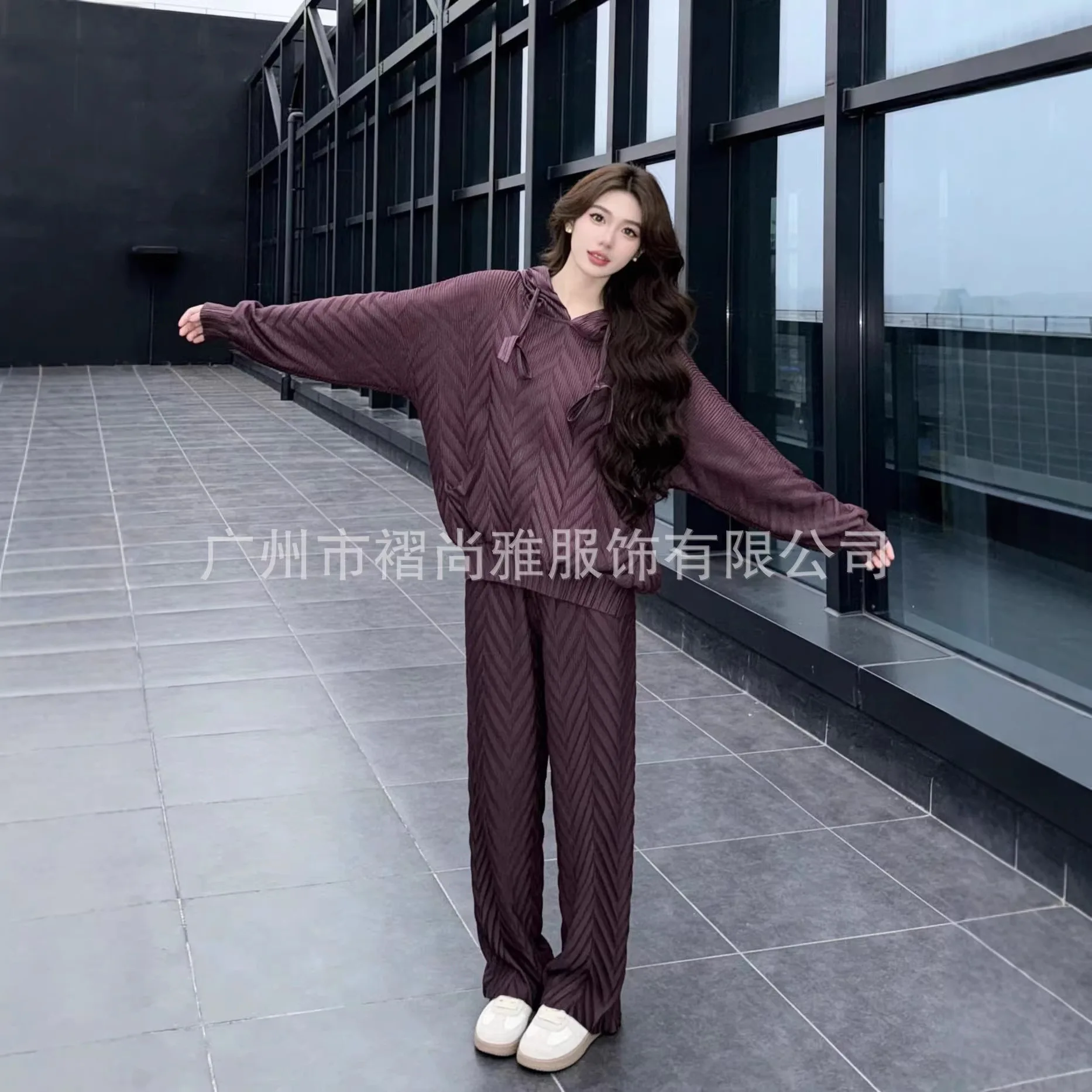 미야케 플리츠 2026 봄과 가을 신상 수제 플리츠 후드 수트 단색 플리츠 캐주얼 루즈 탑 바지 어린이용