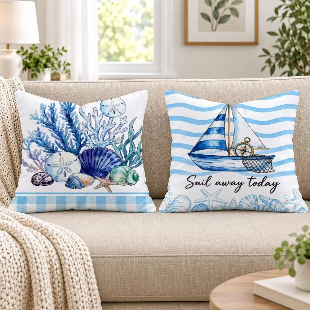 Ocean Coral Seashell Starfish Octopus Cushion Cover Soft Short Plush Pillow Cases Hidden Zipper Sofa Bedroom Home Decor Gift