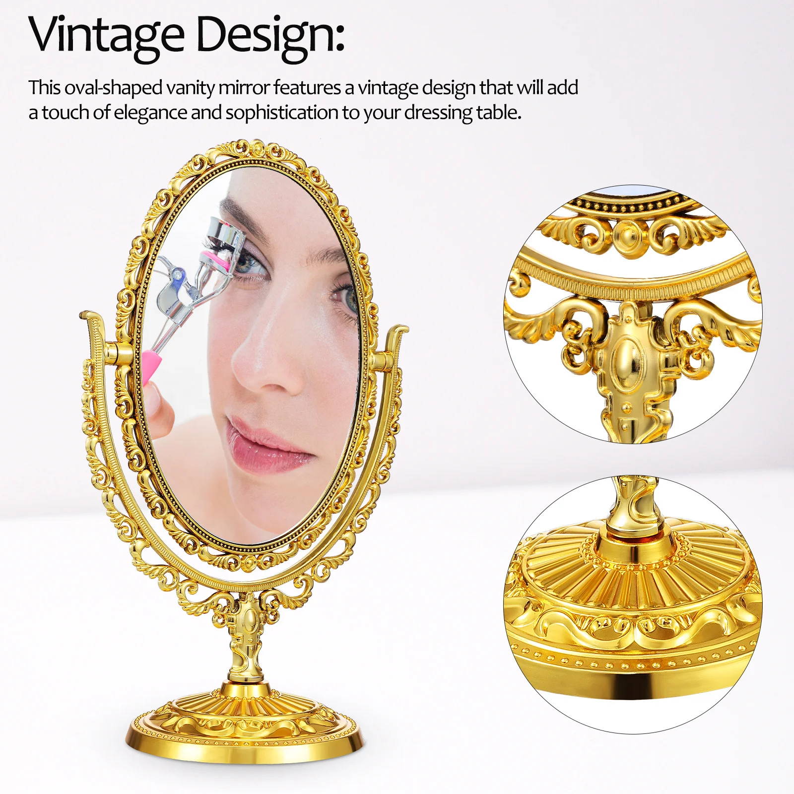 Espejo de doble cara con espejos de tocador con marco dorado vintage para maquillaje ovalado de escritorio