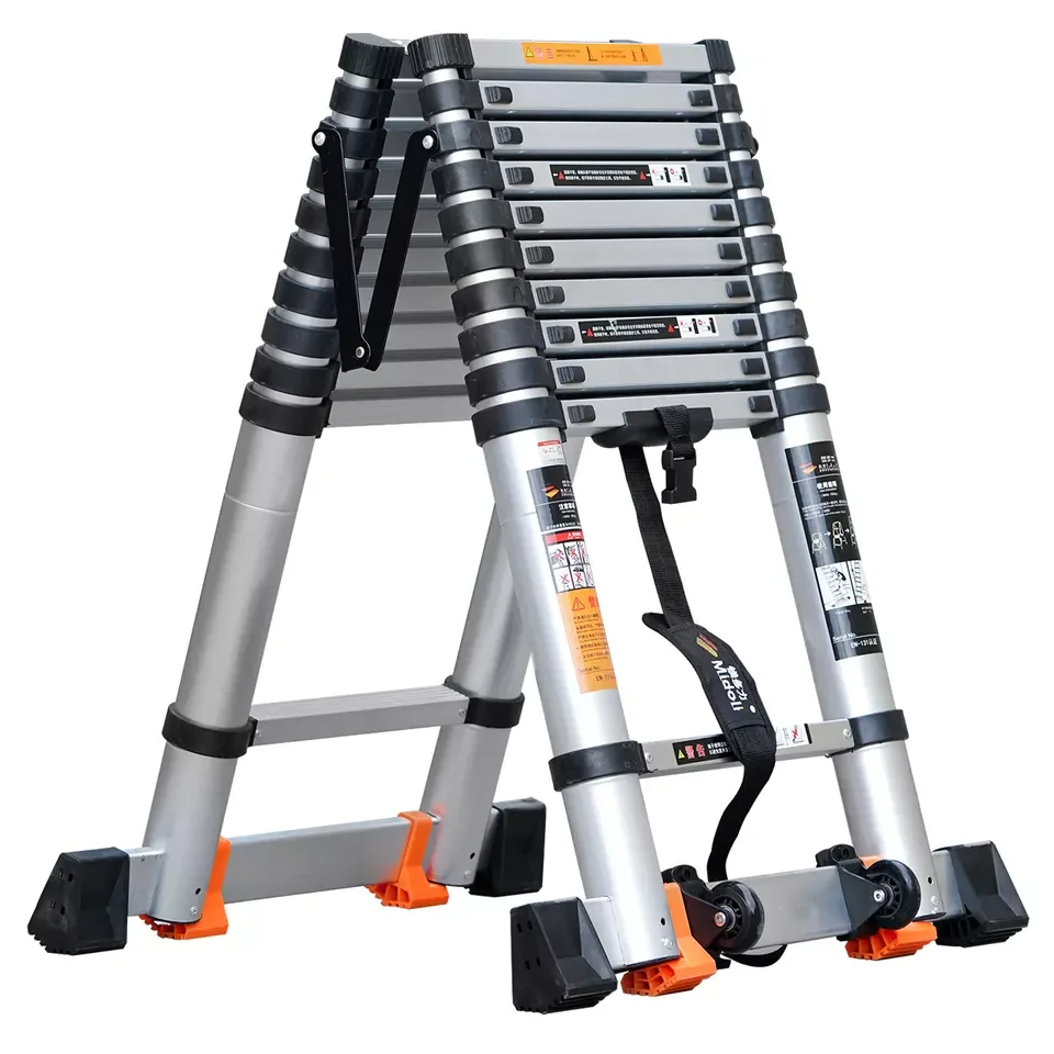 Telescopic Ladder a Frame Aluminum Extension Foldable Ladder with Stabilizer Bar Wheelsladder Rack