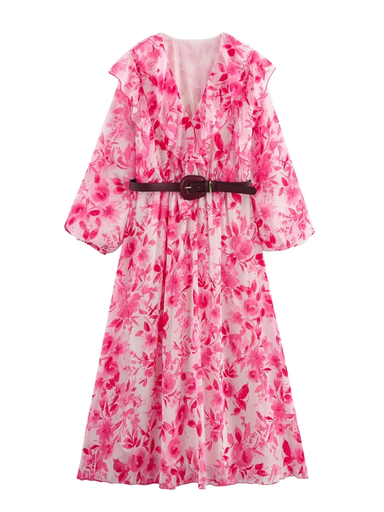 

OUROPEAN ZTATION 2025 Summer Woman's Commuting V-Collar Dresses Dress Casual Lady Long Sleeve Top Print belt Midi Skirt Floral