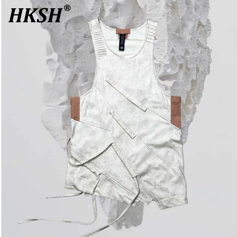 

HKSH Waste Land Deconstructed Asymmetric Tan Tops Cotton Vest Waxed Dyed Worn Out Water Washing Tassel Sleeveless T-shirt HK1627