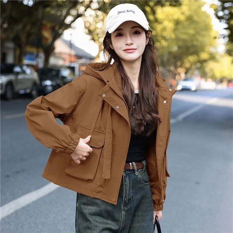 2025 New Tops Hooded Jacket Loose Short Coat Women Spring Autumn Casual Thin Outerwear Tooling Overcoat Fashion Ladies Blouse