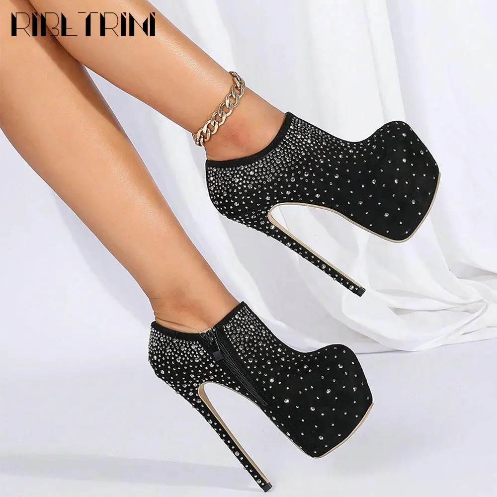 Sexy Stiletto High Heels Women Pumps Zipper Round Toe Platform Shoes Rhinestone Matallic Trendy Design Party Dress Elegant Pumps