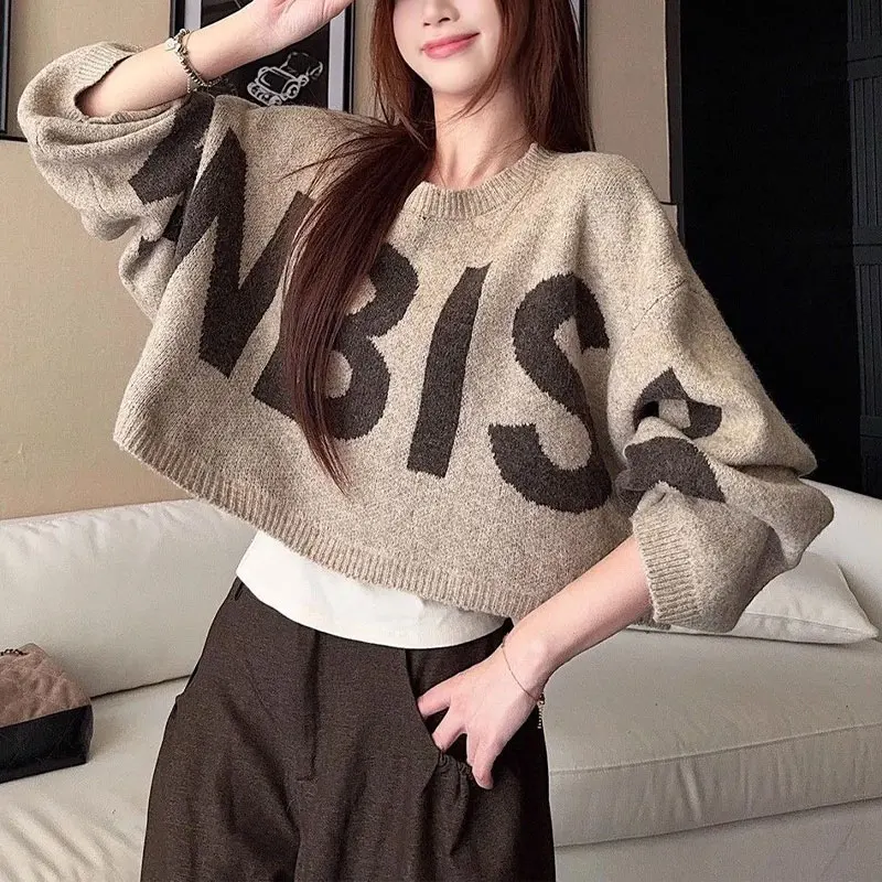 Women's Clothing Letter Short Pullovers Knitted Vintage Loose Autumn Winter Basic Round Neck Korean Casual Long Sleeve Sweaters