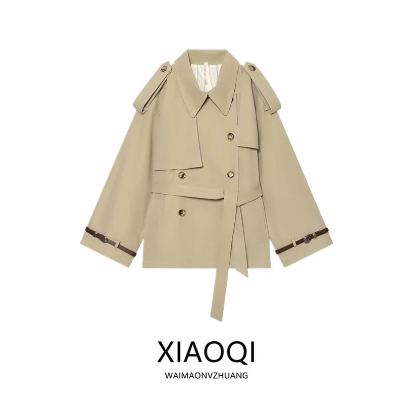 Fall 2026 Women's Design Sense Double Buttoned Belted Windbreaker Jacket Outerwear Casual Commute Style Loose Fit Other Material