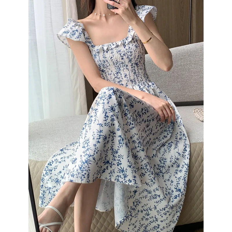 

Floral Dress Women's 2024 Summer New Style Small Flying Sleeve French Tea Break Dress Waist Square Neck Long Skirt