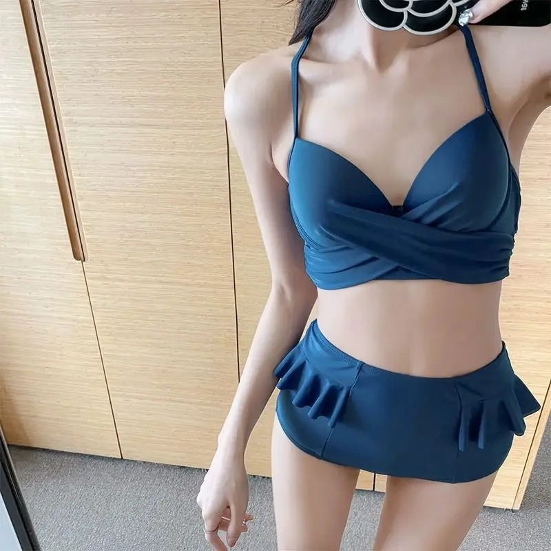 2023 Summer New Korean Printed Sexy Swimwear Conservative Swimming Suit With Shorts Backless Elegant Beach Bathing Suit