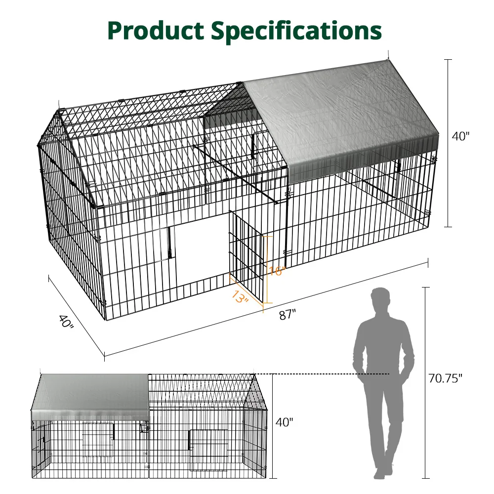 Chicken Coop Run Cage Upgrade 86.6 x 40 x 38 Inches Metal Chicken Fence Pen Pet Playpen Enclosures with Protection Cover&Ground