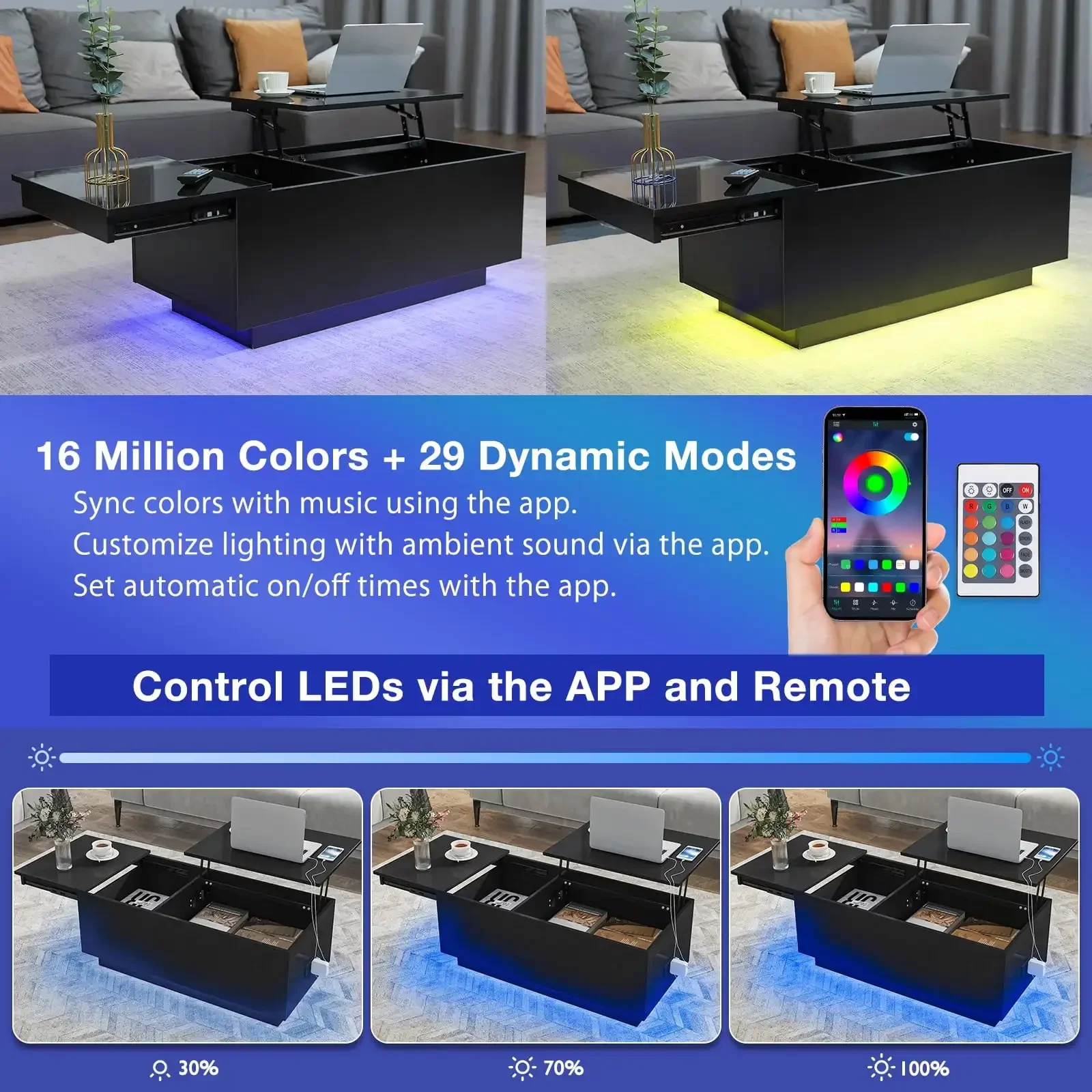 LED Coffee Table with USB Ports and Outlets Lift Top Coffee Tables with Storage High Modern Center Table for Living Dining Room