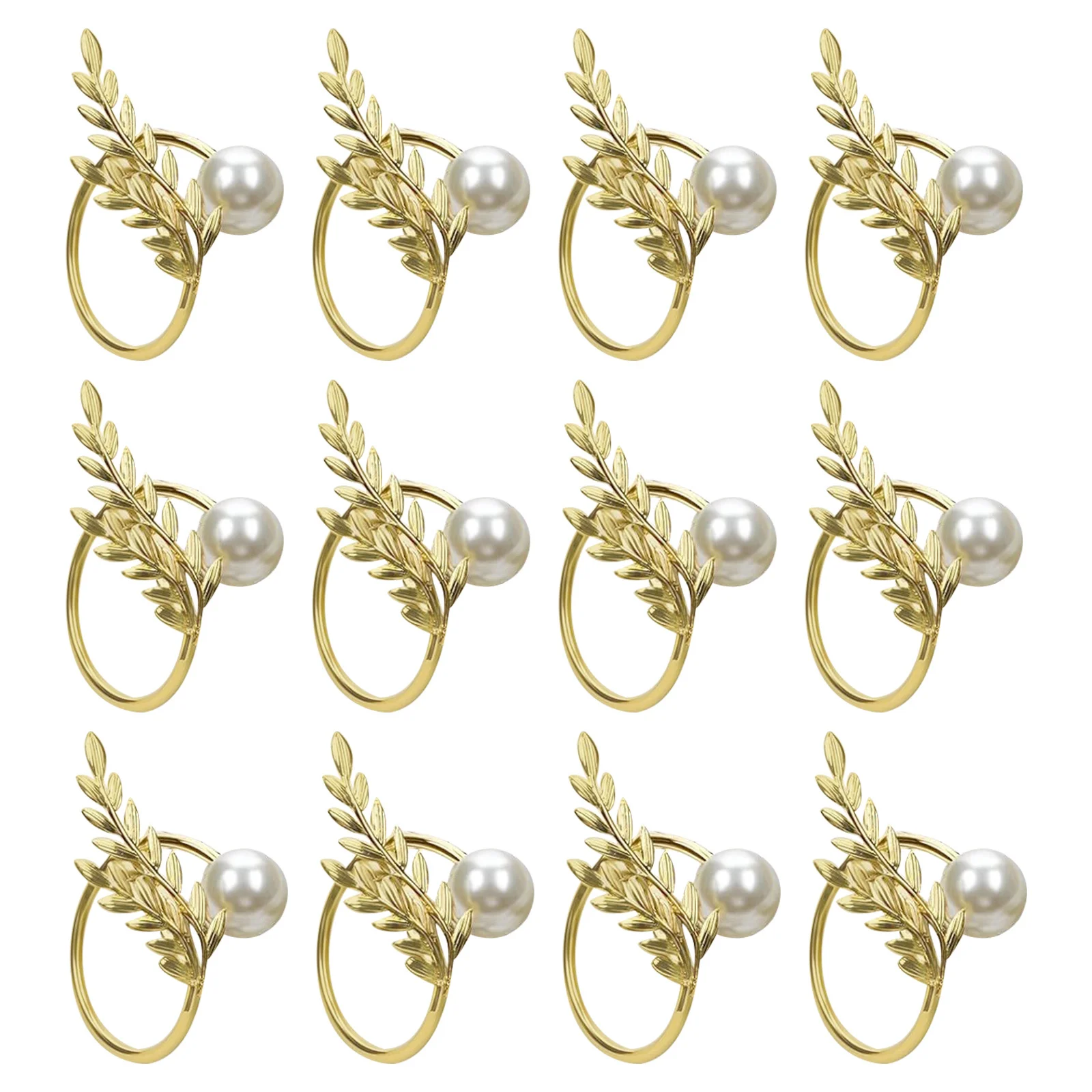 

12Pcs Golden Napkin Rings Wheat Ear Design with Pearls Reusable Metal Napkin Holders for Holiday Wedding Dining Table Decoration