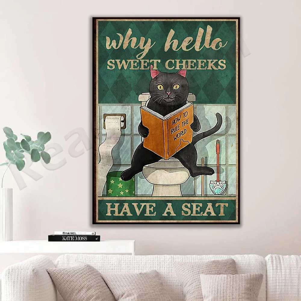 Funny cat bathroom poster, why hello sweet cheeks have seats, bathroom wall art, cat lover gifts, cat art print decor