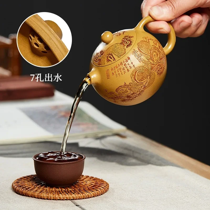 Yixing Purple Clay Teapot Carved With Squirrel, Western Style, Golden Section Carved With Tea Pot, Kung Fu Tea Set For Home Use