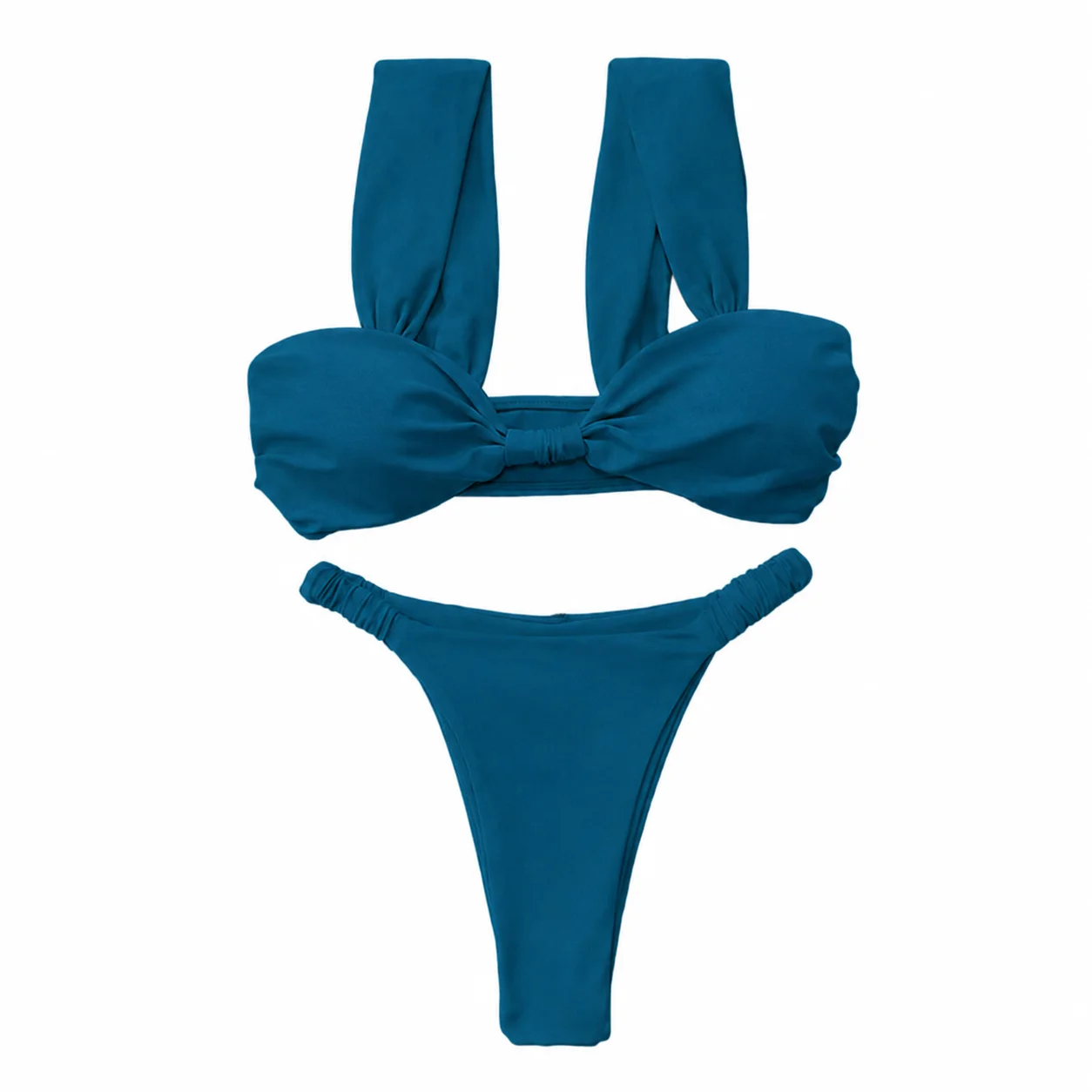 Summer New Sexy Knot Bikini Sets Solid Swimwear Women Low Cut Bikini Solid Pleated Split Swimsuit Thongs Holiday Bathing Suit