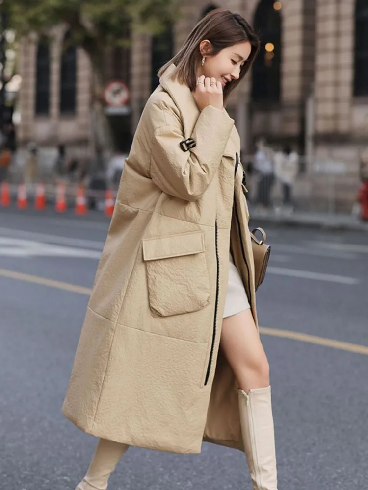 Winter Women Genuine Leather Down Jacket Thick Warm Long Overcoat Pockets Female Natural Sheepskin Loose Fit Windproof Trench