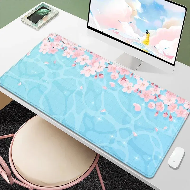 VIKAMA Cherry Blossom Large Mouse Pad, Fresh Ins Style Desk Mat with Anti-Slip Base & Stitched Edges, Girly Keyboard Pad