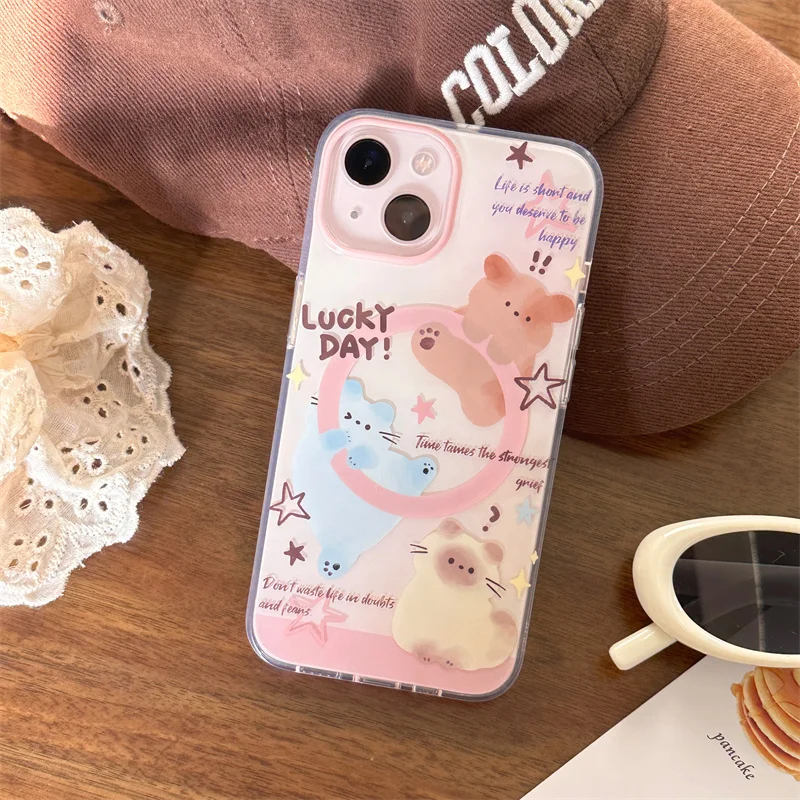 Kawaii Cartoon Cat Magnentic Phone Case For iPhone 15 Pro 12 14 13 Pro Max 14pro Cover with Magsafe Holder Fashion Cartoon Cases