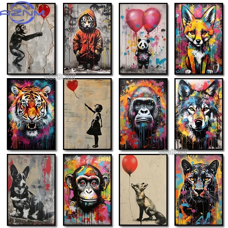 Banksy Graffiti Art Posters Animals Tiger Wolf Panda with Balloon Street Wall Art Canvas Painting Abstract Pop Art Home Decor
