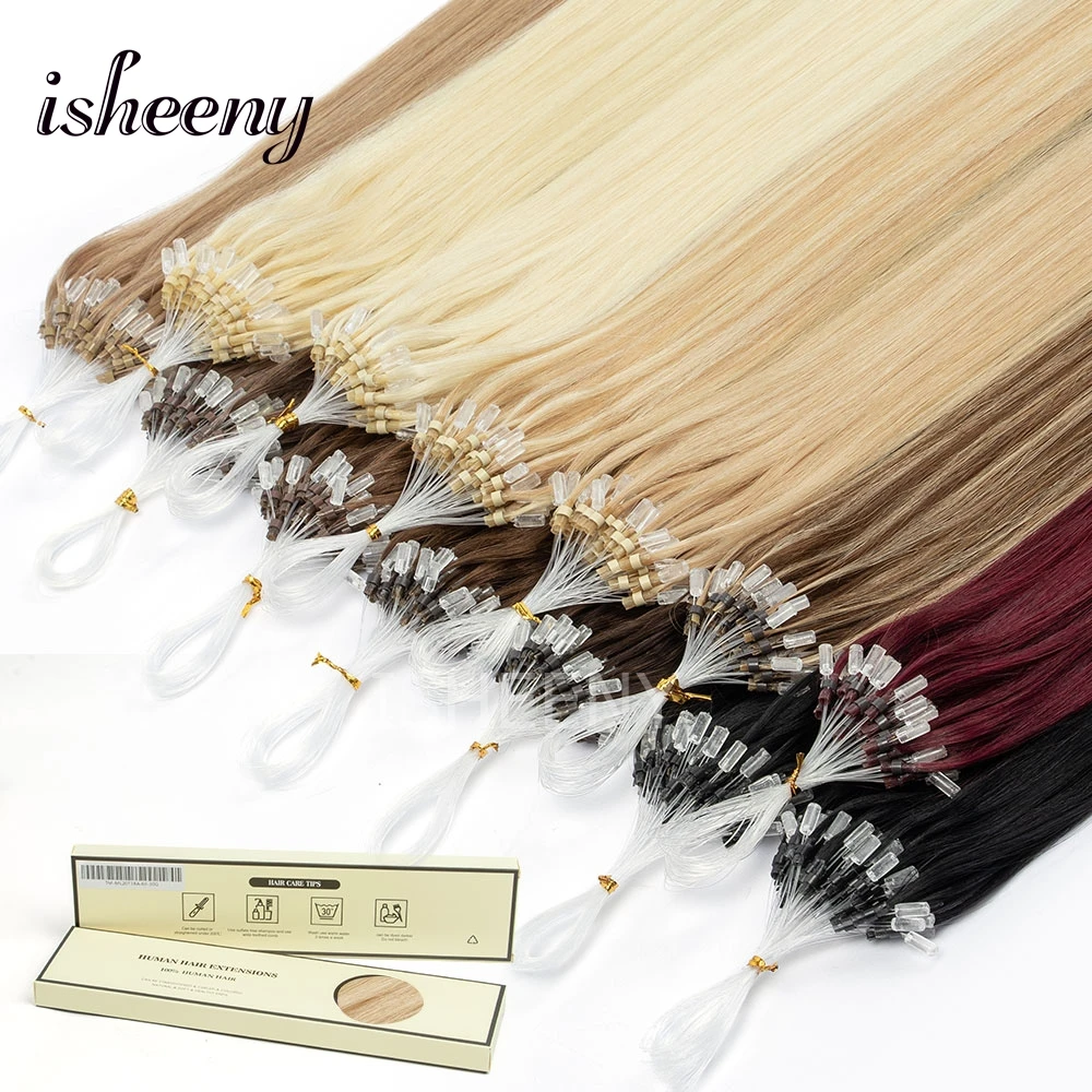 

isheeny 12-20Inch Micro Loop Ring Human Hair Extensions Real Natural Straight Micro Ring Hair Pre Bonded Hair 50pcs Salon Hair