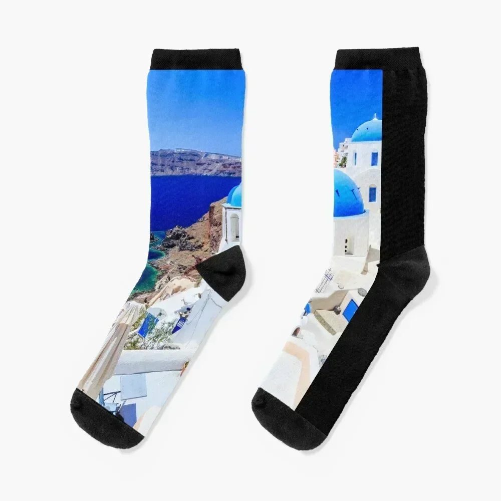 

Santorini Greece White Buildings Blue Roof Blue Ocean Socks custom sports summer anti slip football colored Men's Socks Women's