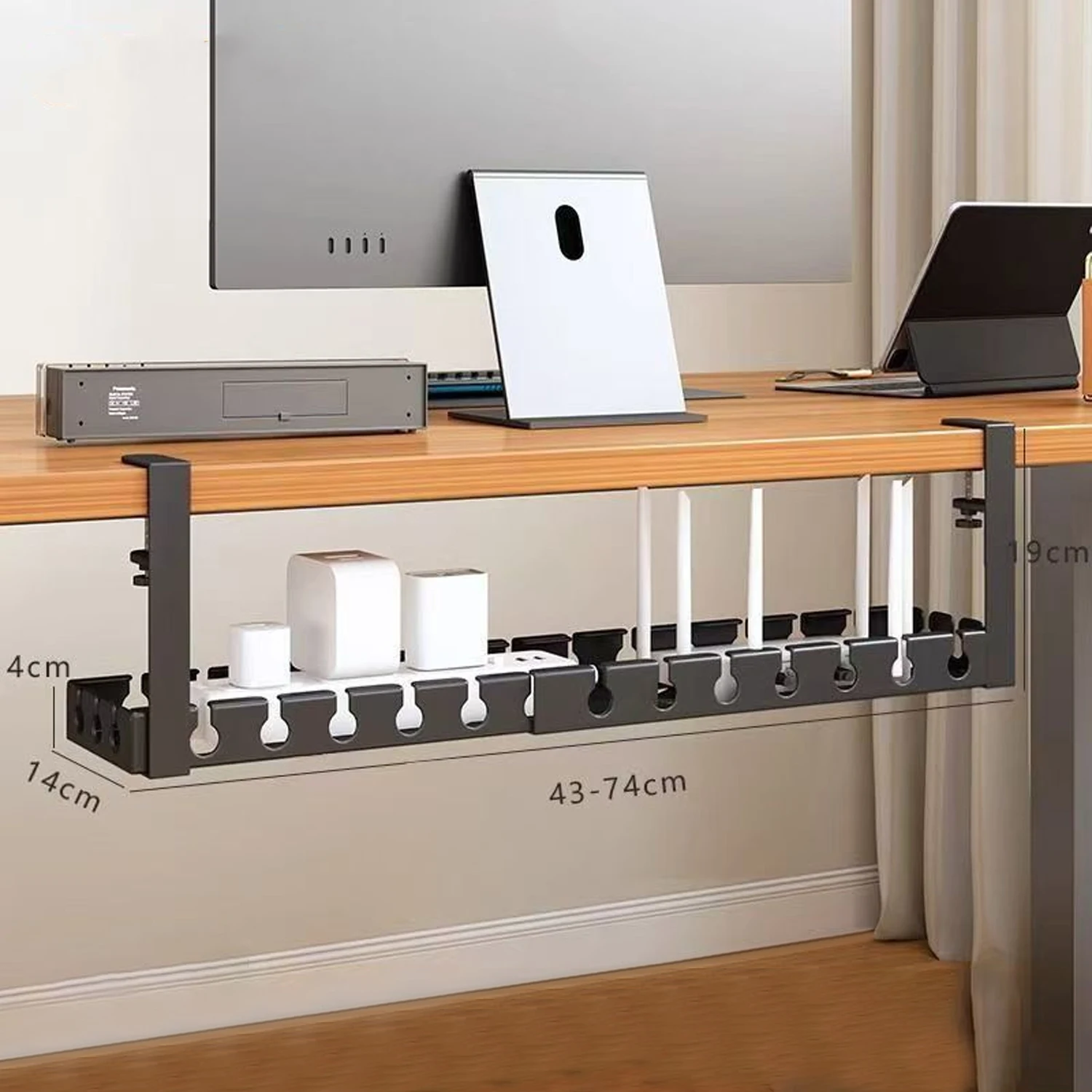 Under Desk Cable Management Tray 15.7"-31" Retractable Metal Wire Organizer Under Table Cord Management with Clamp No Drilling view 2