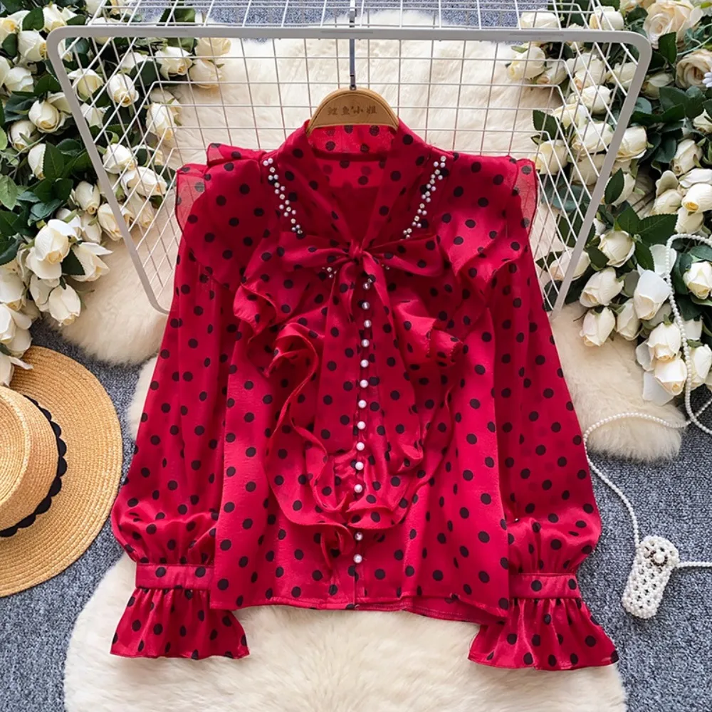 

French Luxury Beaded Bow Tie Ruffle Women's Long Sleeve Button Polka Dot Blouse Elegant Style
