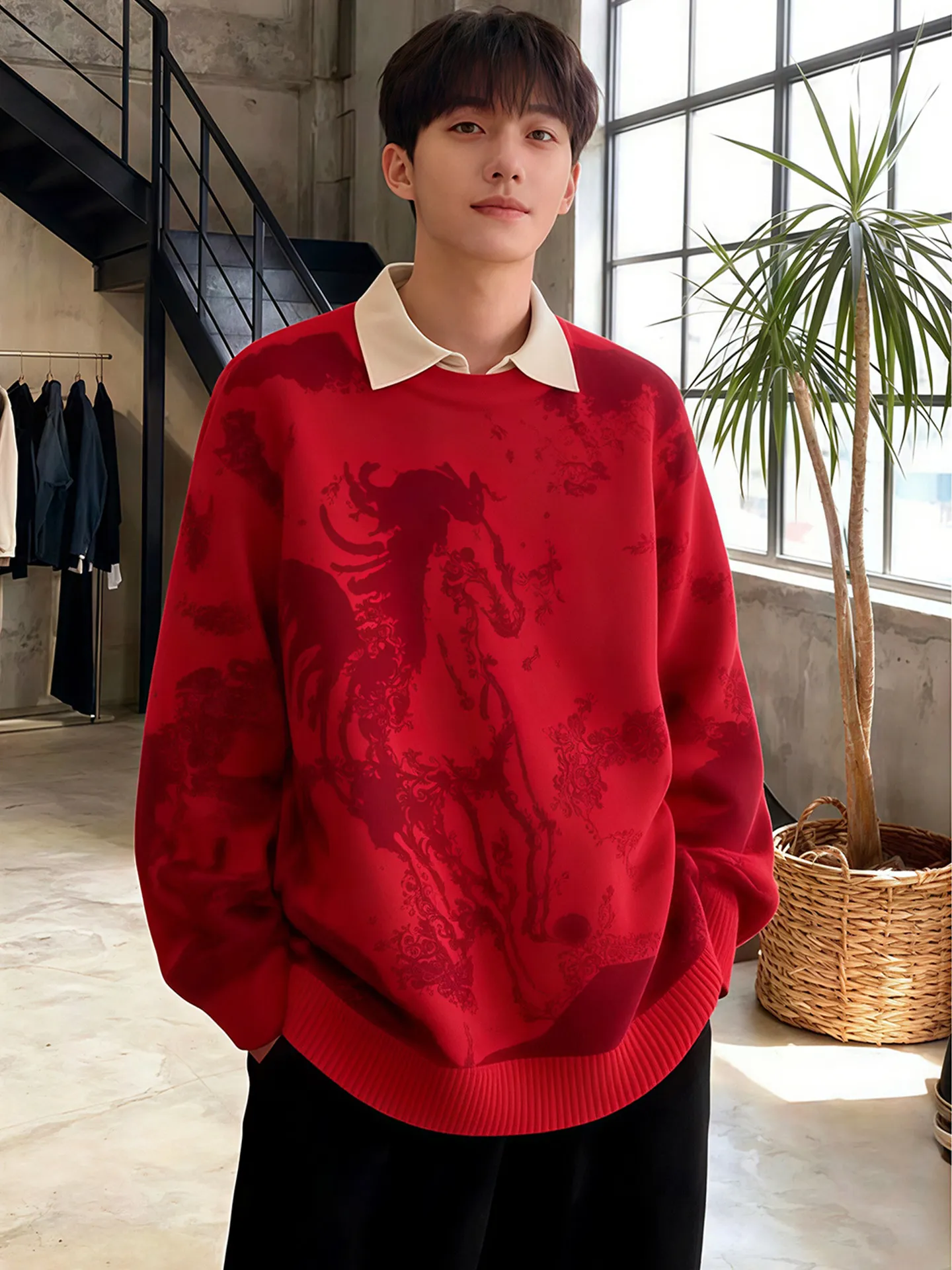 

Red Knitted Sweater for Men Winter Casual Wear Couple Inner irt Luy Year Print Comfortable Long Sve Loose Fit Knitwear