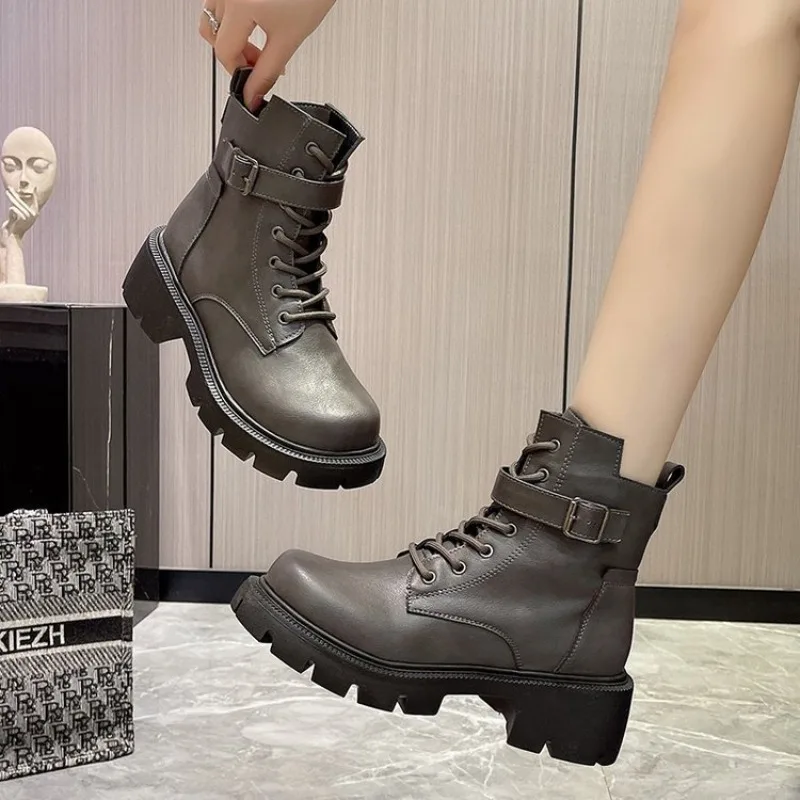 

Women's Platform Chelsea Boots New Round Toe Chunky Heel Women Brown Ankle Boots Outdoor High Heel Leather Boots Zapatos Mujer