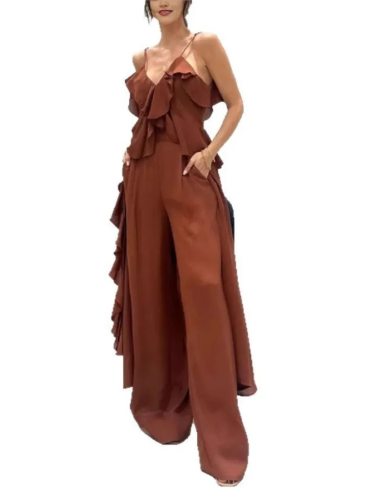 2025 Summer Solid Color Two Piece Set Women Chiffon V-neck Ruffle Edge Long Suspender Tops Trousers 2 Piece Sets Female Fashion