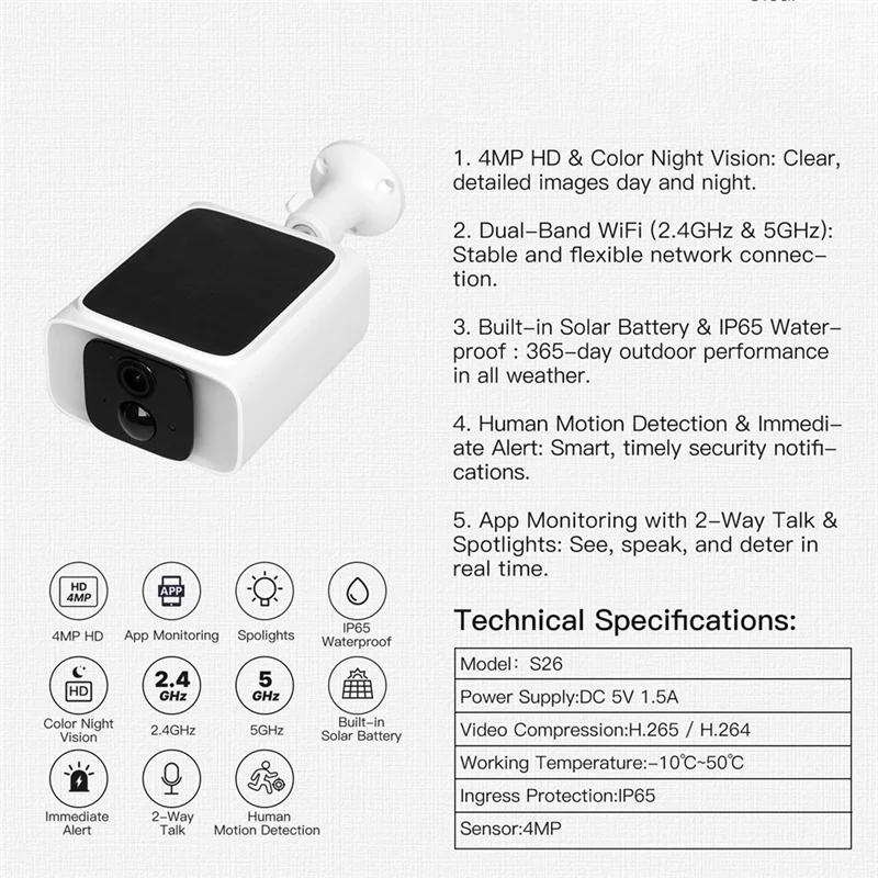 Tuya Wifi Smart Camera Smart Solar Power Panel Integrated Camera 2.4Ghz 5Ghz Dual Band Camera