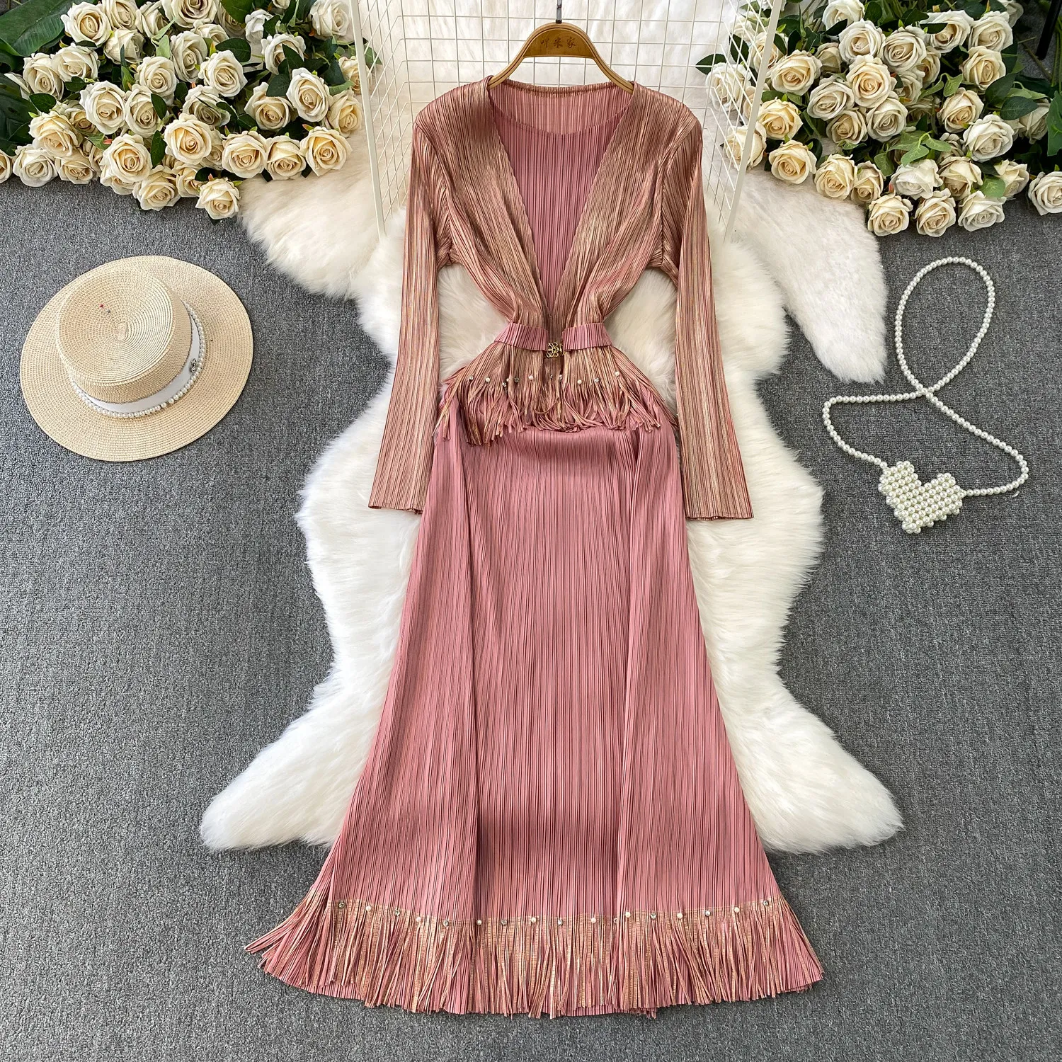 

Elegant Vintage long sleeve Bright silk Vesditod dress Korean Fashion Women Clothes ceremony dresses