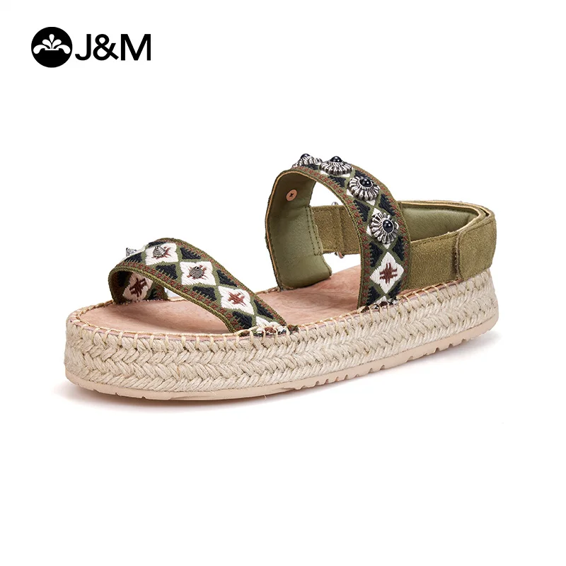 J&M Women Sandals Mules Fashion Vintage Casual Espadrilles Summer Lady Gril Flats Fisherman Shoes Slip-on Shoes Beach Slippers