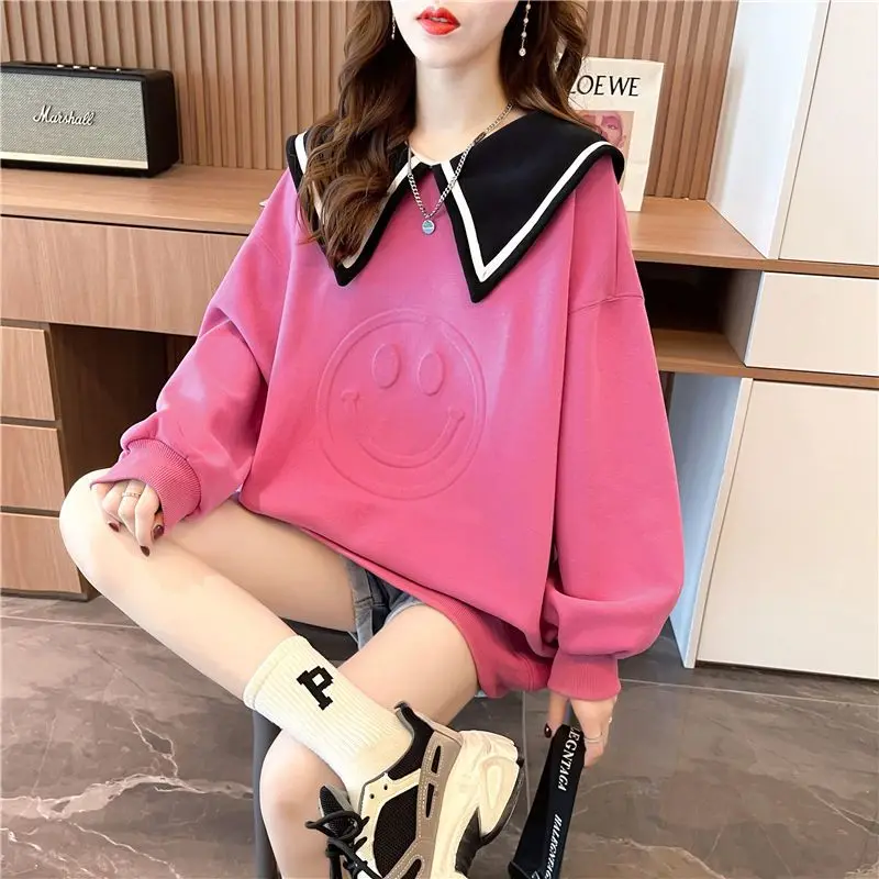 Sweet Peter Pan Collar Sailor Loose Casual T-Shirt Female Clothing 2023 Autumn Oversized Korean Tops All-match Tee Shirts