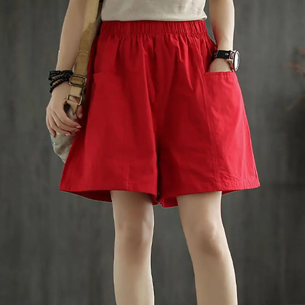 Elegant Fashion Harajuku Slim Fit Female Clothes Casual Wide Leg Pants Solid Pockets High Waist Straight Leg Shorts