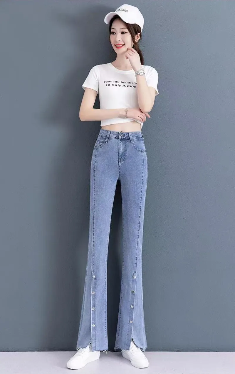 Women Light Blue Split Leg Pants Spring Autumn High Waist Split Button Pants Slim Casual Jeans New Fashion Denim Pant Trousers