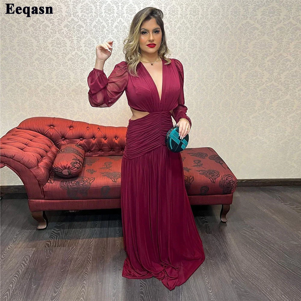 

Eeqasn Burgundy Chiffon Long Sleeves Evening Dresses Deep V-Neck Pleats Cut-out Women Party Dress Formal Event Prom Gowns 2022