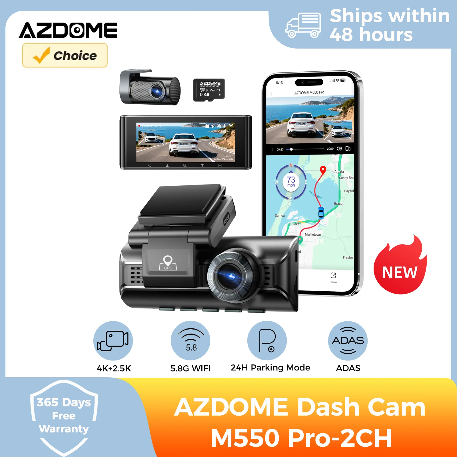 AZDOME Dash Cam M550 Pro-2CH 4K+2.5K Car Camera GPS ADAS 5.8G WiFi Voice Control Parking Mode IR Night Vision Video Recorder