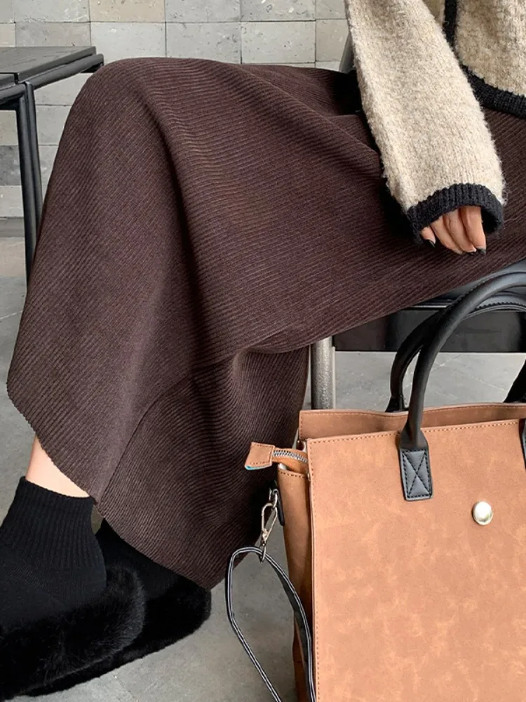 하이웨이스트 안감 있는 코듀로이 A라인 미디 스커트 여성용 가을 겨울 신상 출퇴근용 슬림핏 중국산