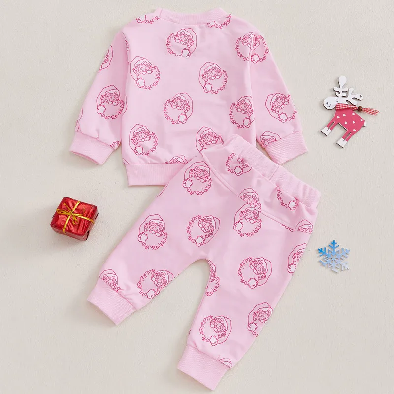 RUEWEY 0 to 3 Years Christmas Baby Girl Pant Sets Santa Claus Print Long Sleeve Sweatshirt Elastic Waist Pants with 3D Bow