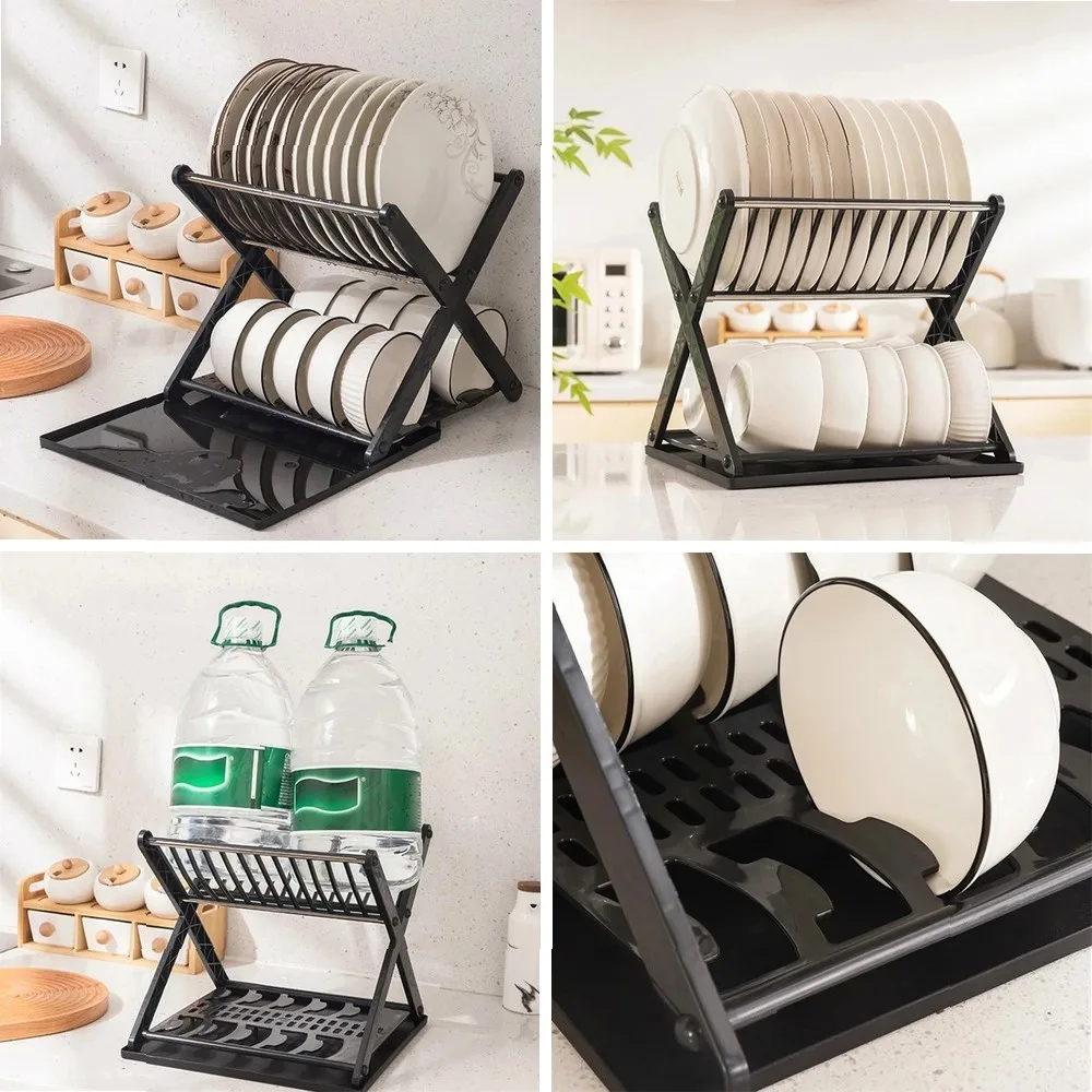 

Double Layer X-Type Dish Drying Rack, Kitchen Countertop Organizer for Bowls Plates Utensils Storage Holder