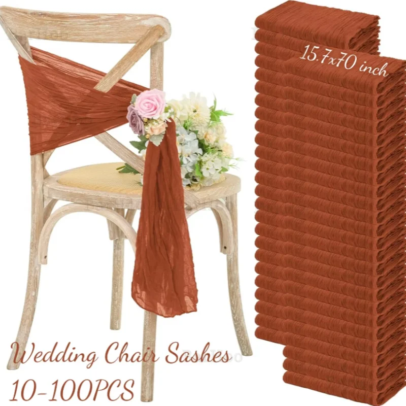 10-100PCS Terracotta Wedding Cheesecloth Chair Sashes Bows Designed Chair Covers Party Banquet Restaurant Hotel 15.7x70Inch