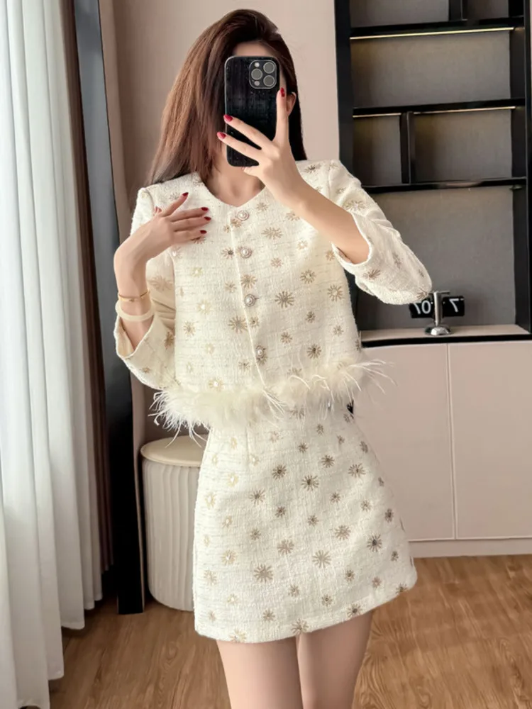 

High Quality French Tweed Two Piece Set Women Luxury Jacket Coat + Skirt Suits Autumn Winter Christmas Fashion 2 Piece Outfits