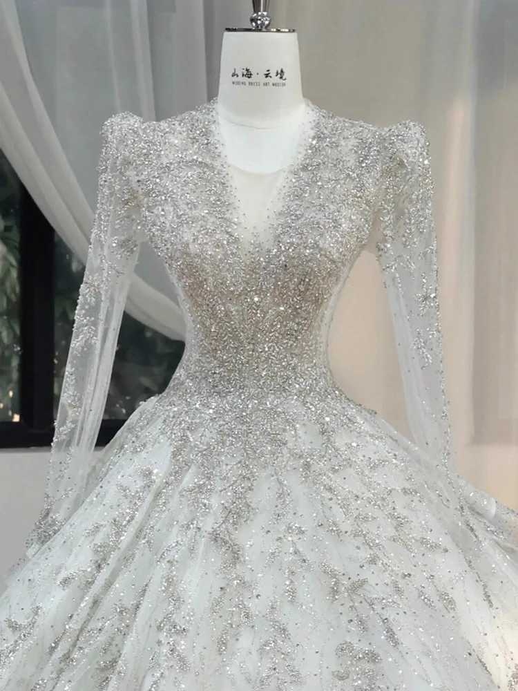 DFDG Vestido de novia de alta costura con cuello en V, manga larga, blanco, lujoso, trabajo pesado, encaje, novia, ceremonia principal de primavera y verano, 2025