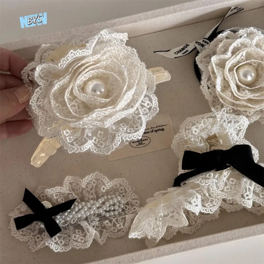 

Elegant Cloth Lace Flower Hair Clip Pearl Barrette Flower Hair Claw Hair Accessories Korean Style Flower Hair Rope Vacation