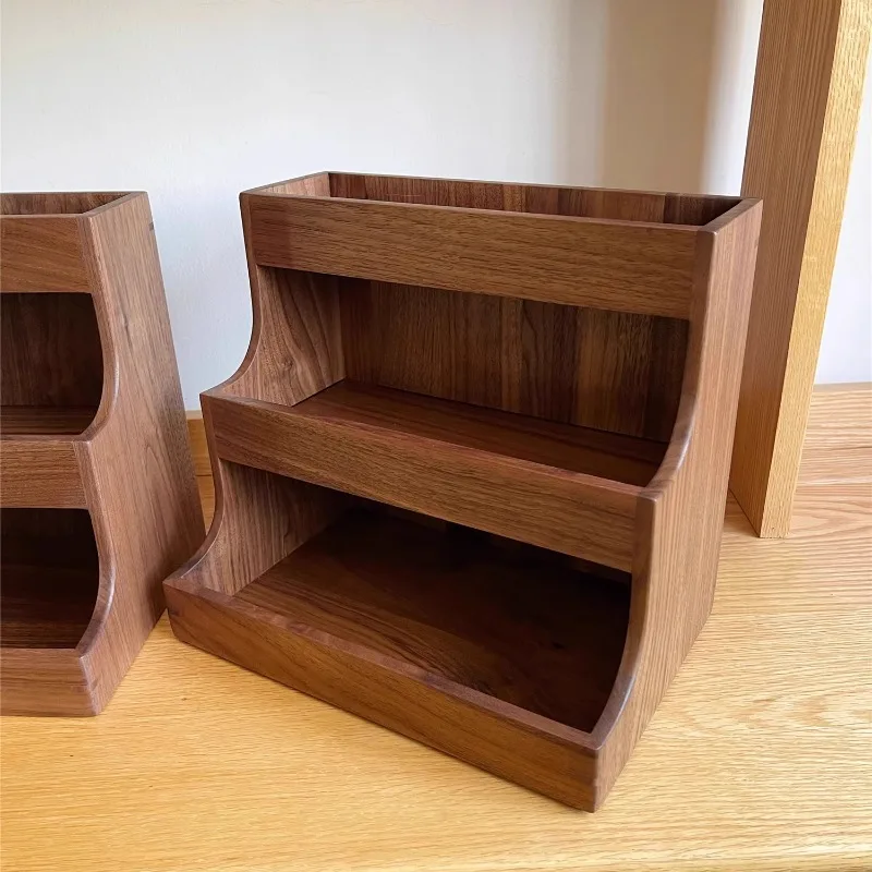 Black Walnut Wood 3-Tier Storage Shelf Coffee Tea Desktop Organizer Living Room Display Rack Kitchen Countertop Cup Holder
