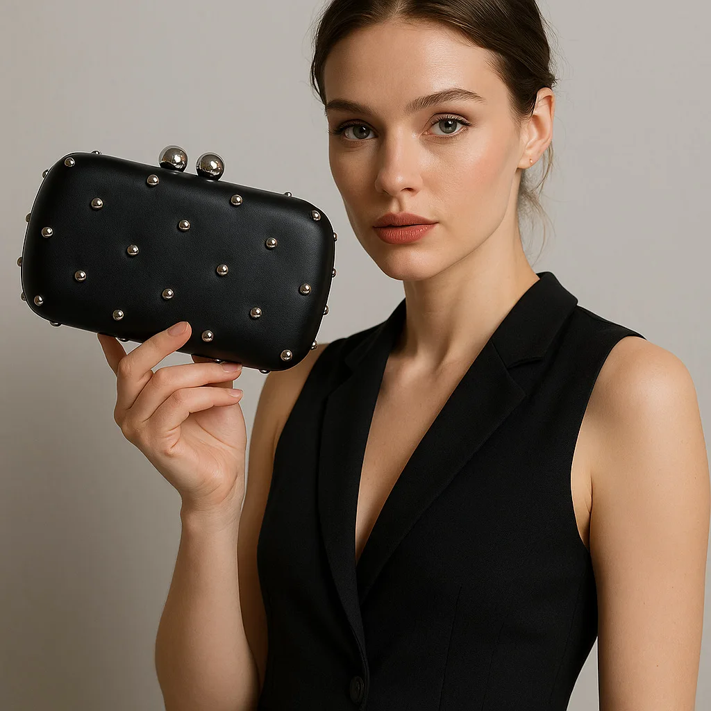 

Black White PU Dinner Evening Bags For Women Classic Simple Beading Square Small Clutch Purses Ladies Party Chain Shoulder Bag