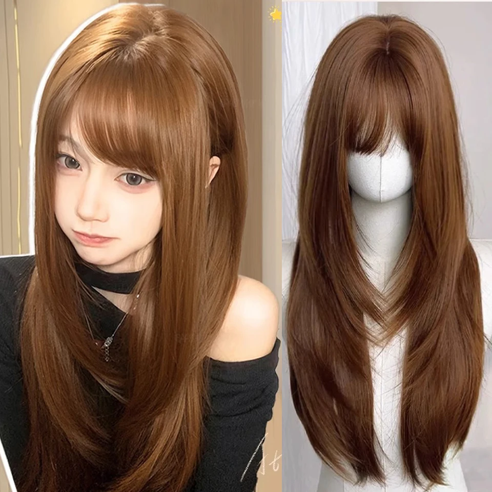 

Orange Brown Long Straight Layered Cosplay Wig for Women with Bangs Synthetic High-Temperature Resistant Fake Hair
